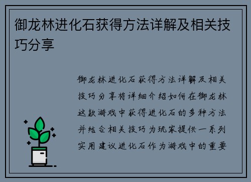 御龙林进化石获得方法详解及相关技巧分享
