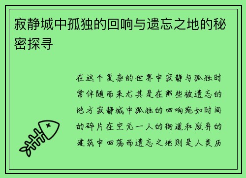 寂静城中孤独的回响与遗忘之地的秘密探寻 寂静城中孤独的回响与遗忘之地的秘密探寻